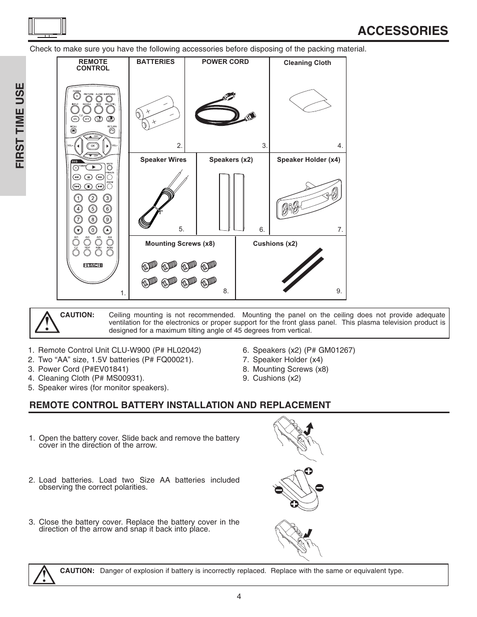 Accessories, First time use | Hitachi 42EDT41A User Manual | Page 4 / 84