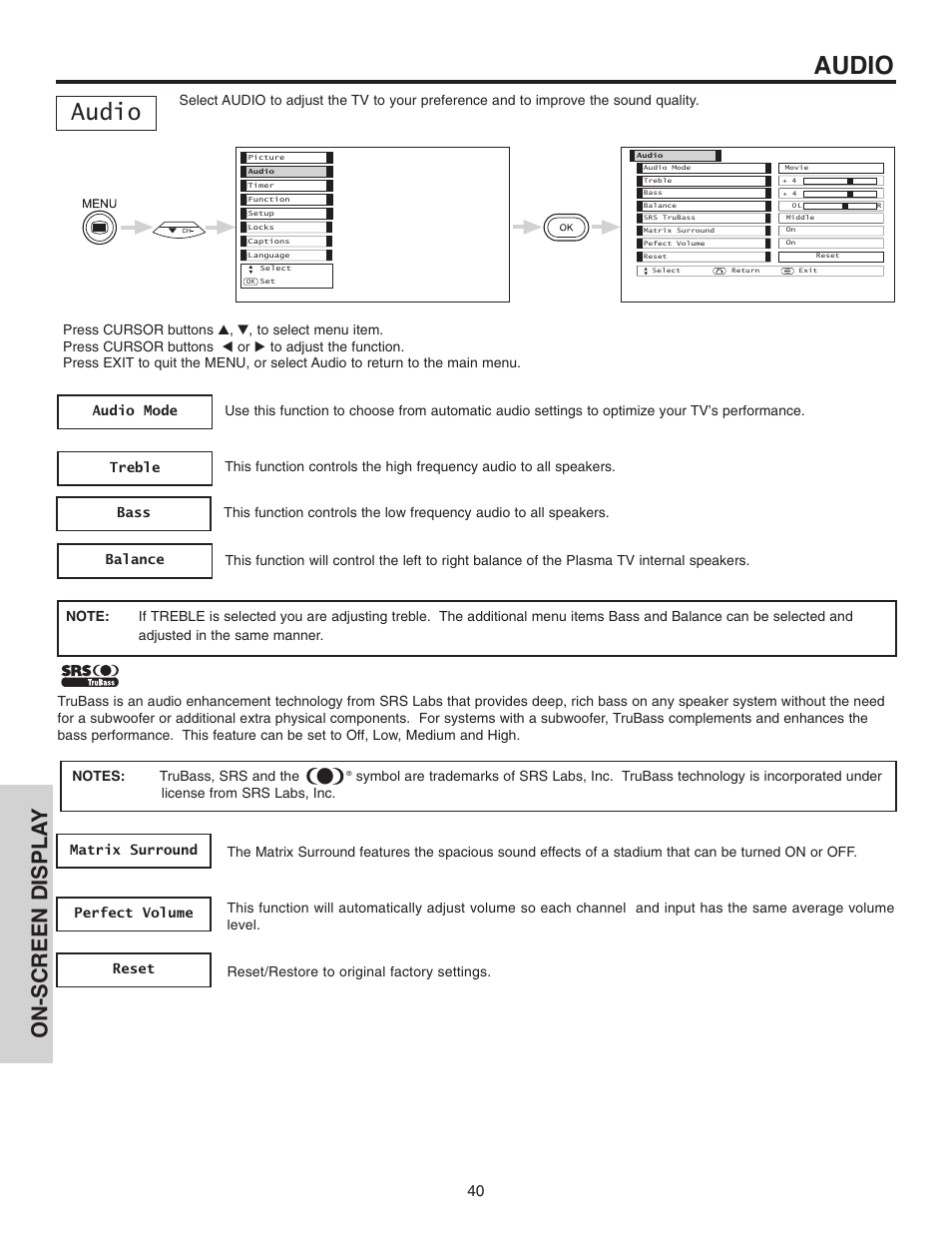 Audio, On-screen displa y | Hitachi 42EDT41A User Manual | Page 40 / 84