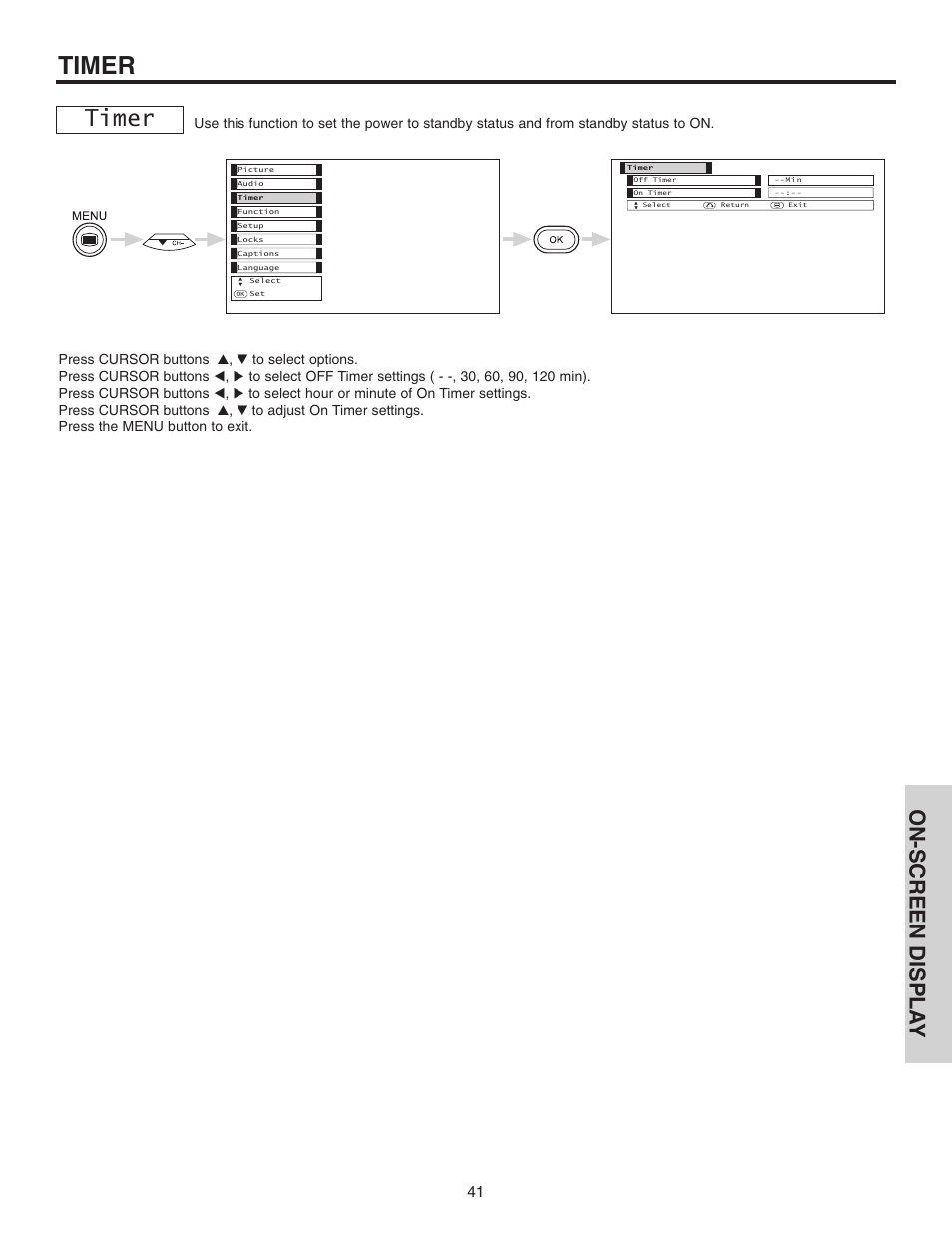 Timer, On-screen displa y | Hitachi 42EDT41A User Manual | Page 41 / 84
