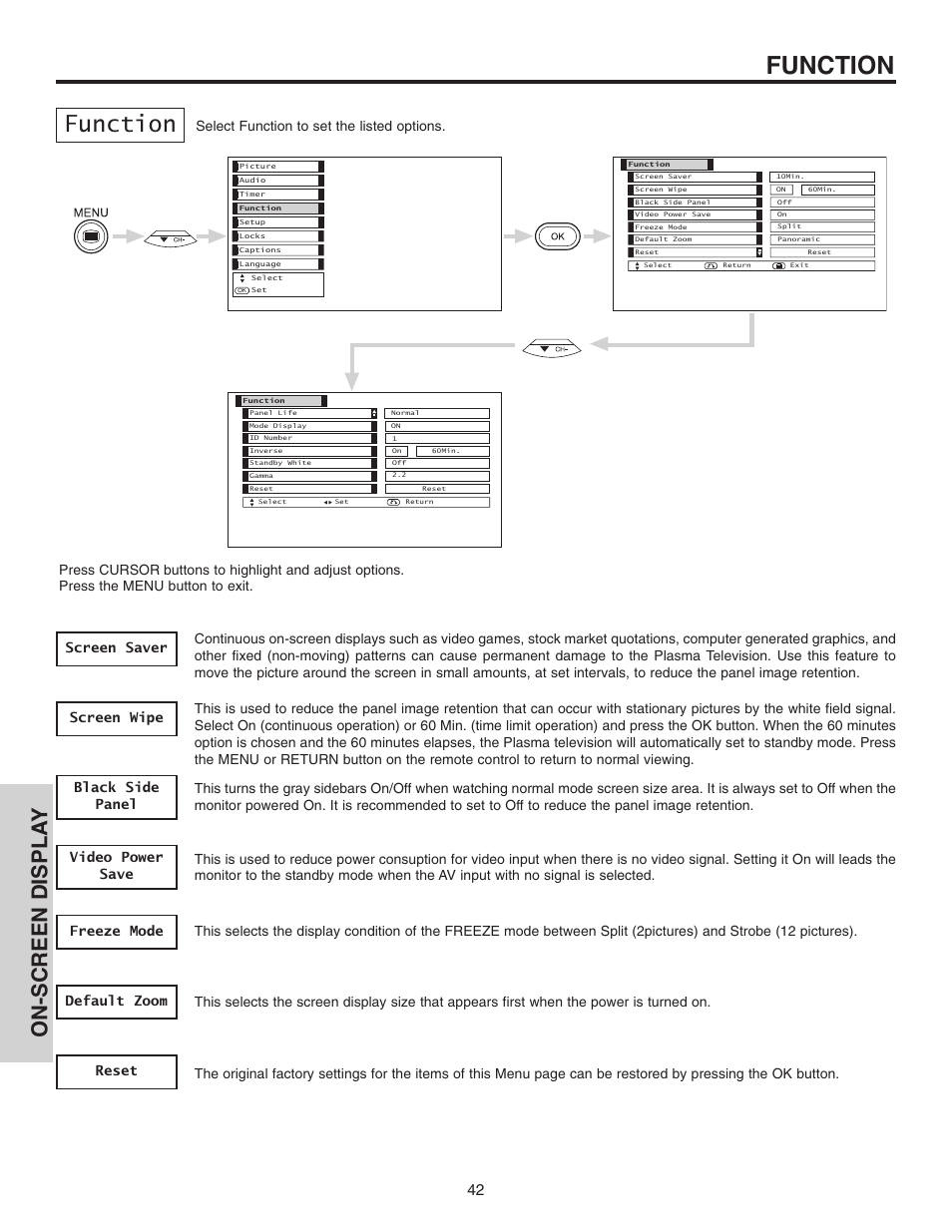 Function, On-screen displa y, Select function to set the listed options | Hitachi 42EDT41A User Manual | Page 42 / 84