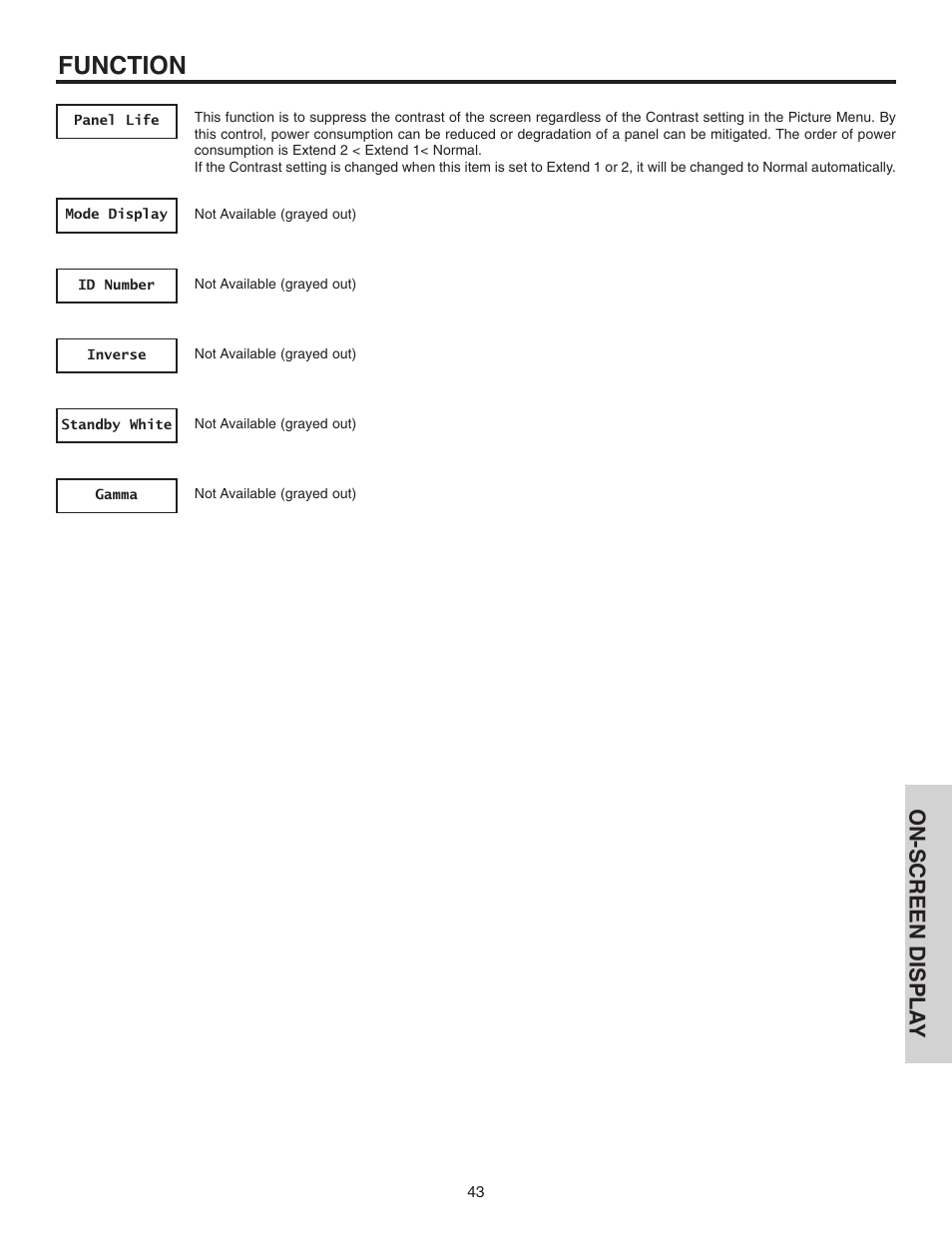 Function, On-screen displa y | Hitachi 42EDT41A User Manual | Page 43 / 84