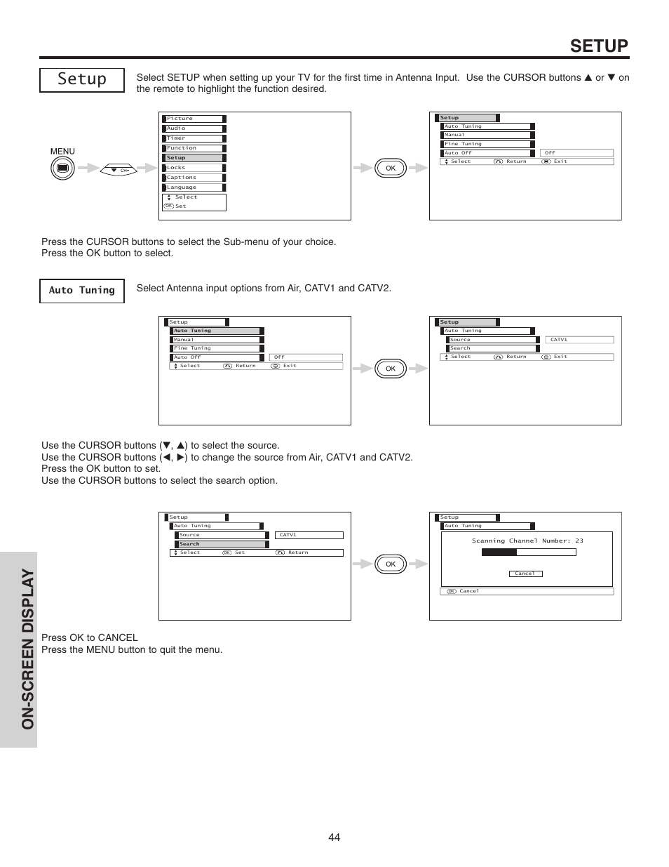 Setup, On-screen displa y | Hitachi 42EDT41A User Manual | Page 44 / 84