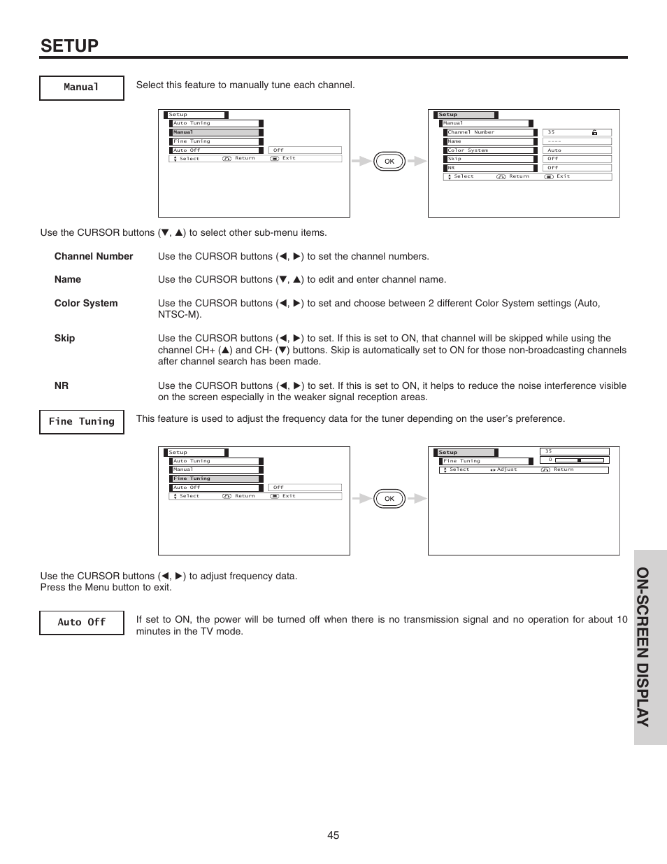 Setup, On-screen displa y | Hitachi 42EDT41A User Manual | Page 45 / 84