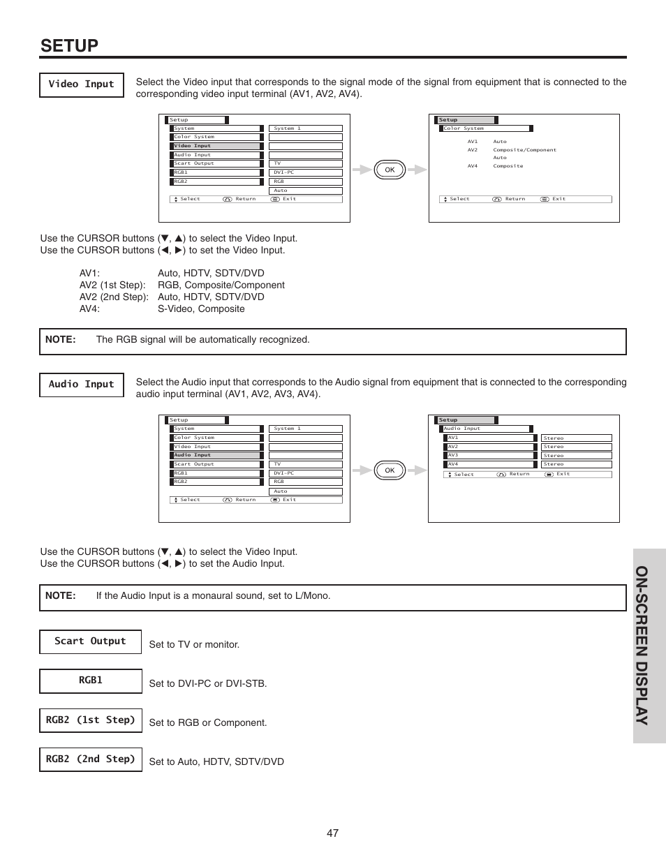 Setup, On-screen displa y | Hitachi 42EDT41A User Manual | Page 47 / 84
