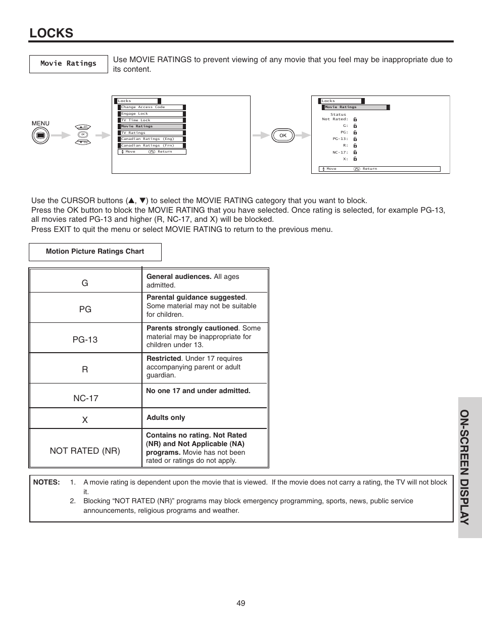 Locks, On-screen displa y, Gpg pg-13 r nc-17 x not rated (nr) | Hitachi 42EDT41A User Manual | Page 49 / 84