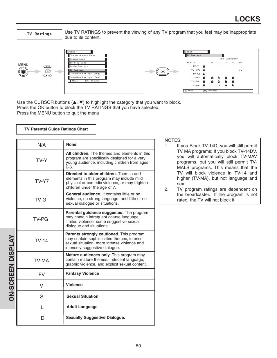 Locks, On-screen displa y, Tv-y tv-y7 tv-g tv-pg tv-14 tv-ma | Hitachi 42EDT41A User Manual | Page 50 / 84