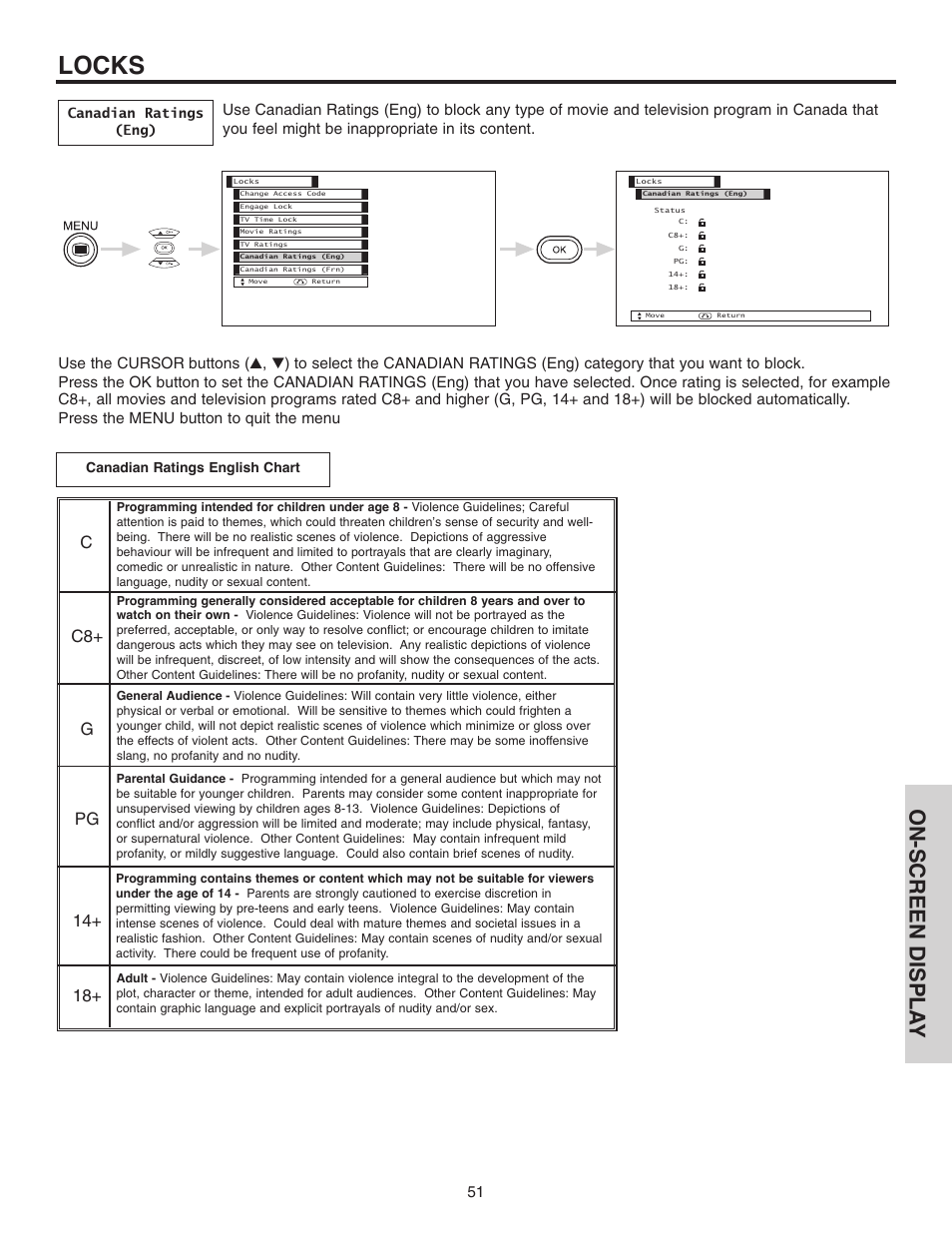 Locks, On-screen displa y | Hitachi 42EDT41A User Manual | Page 51 / 84