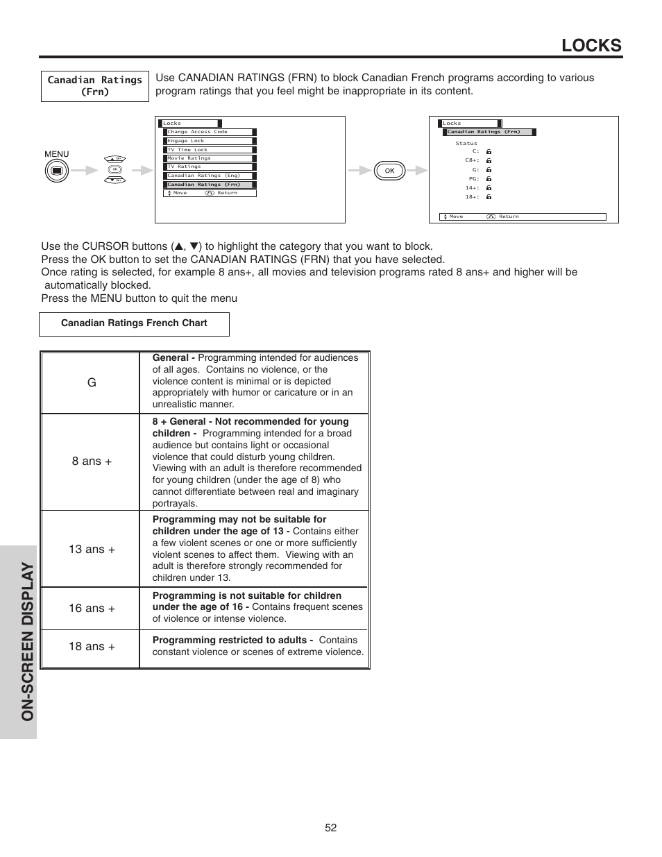 Locks, On-screen displa y | Hitachi 42EDT41A User Manual | Page 52 / 84
