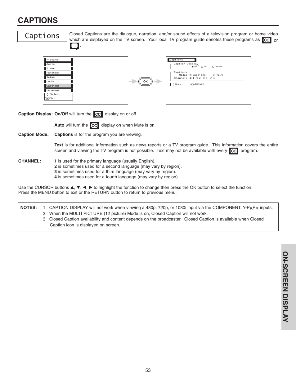 Captions, On-screen displa y | Hitachi 42EDT41A User Manual | Page 53 / 84