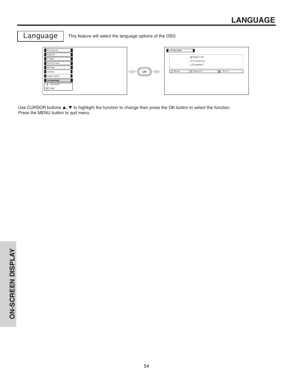 Language, On-screen displa y | Hitachi 42EDT41A User Manual | Page 54 / 84
