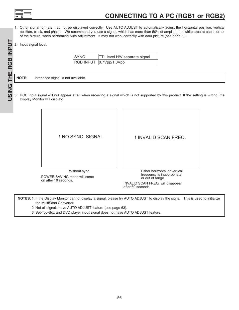 Connecting to a pc (rgb1 or rgb2), Using the rgb input | Hitachi 42EDT41A User Manual | Page 56 / 84
