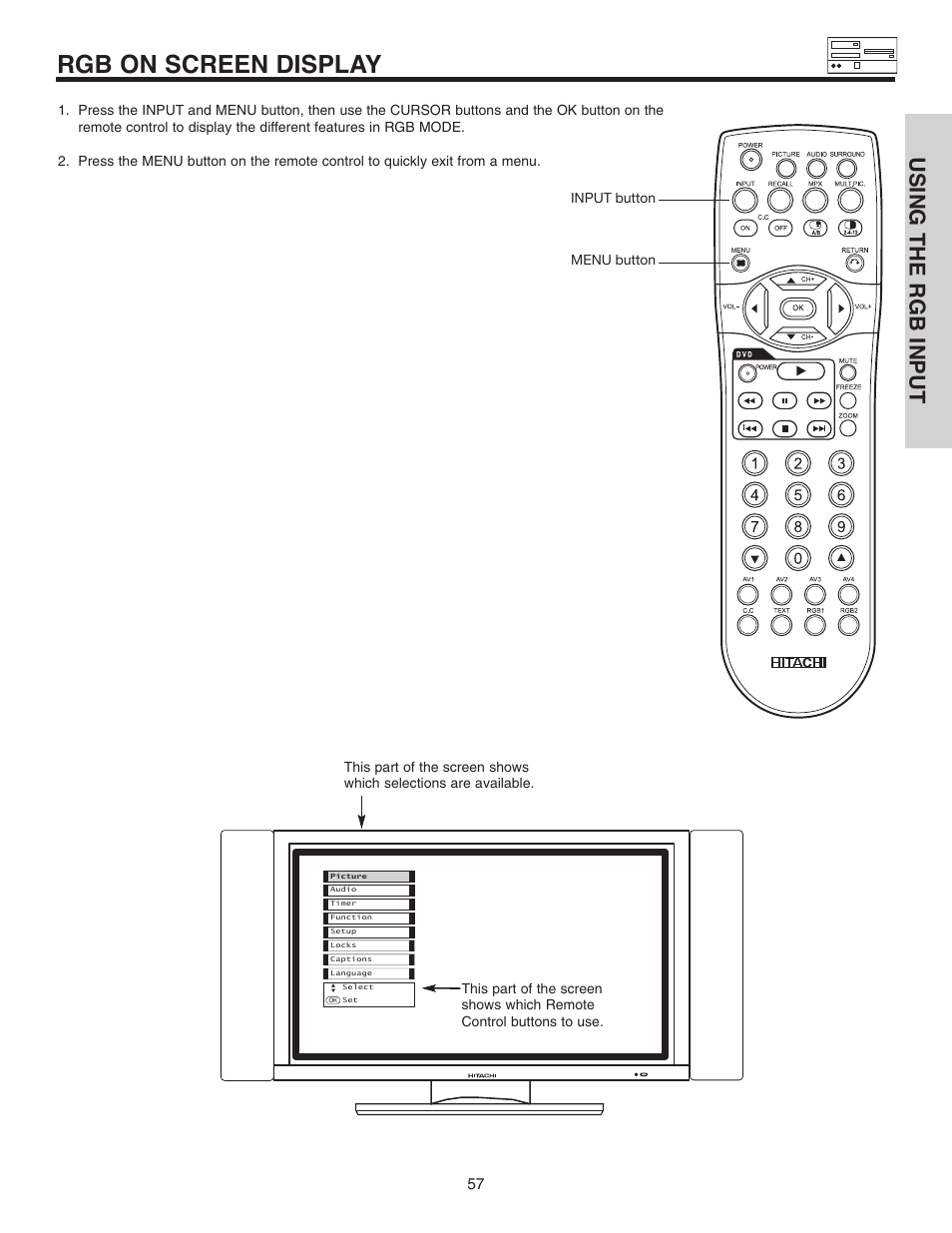 Rgb on screen display, Using the rgb input | Hitachi 42EDT41A User Manual | Page 57 / 84