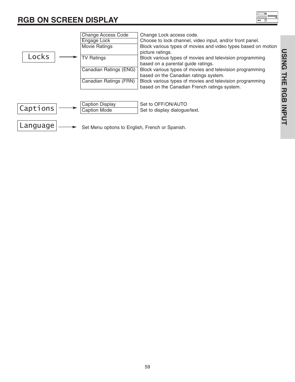 Rgb on screen display, Locks captions language, Using the rgb input | Hitachi 42EDT41A User Manual | Page 59 / 84