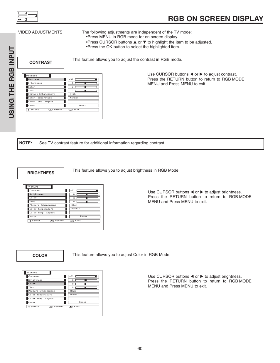Rgb on screen display, Using the rgb input | Hitachi 42EDT41A User Manual | Page 60 / 84