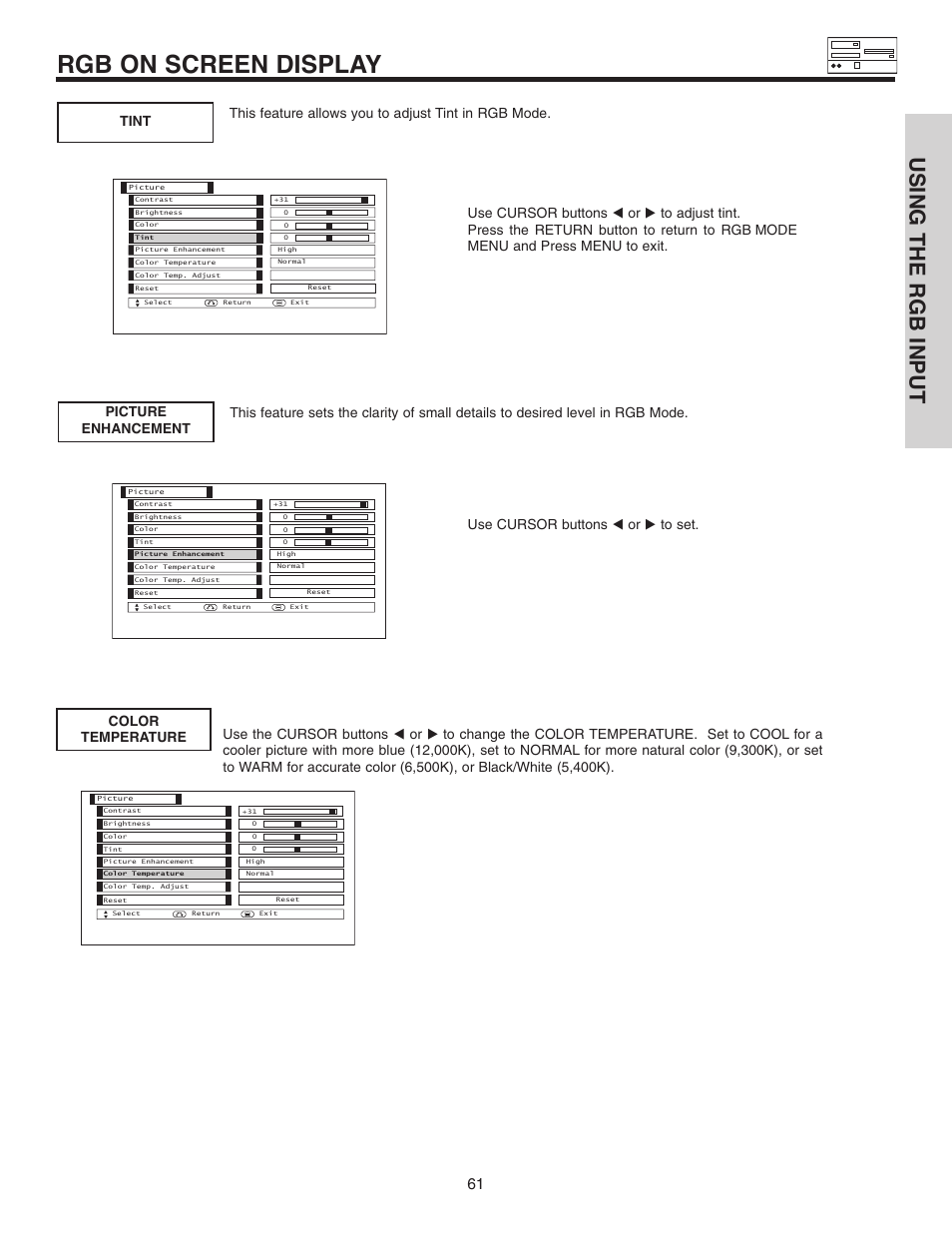 Rgb on screen display, Using the rgb input | Hitachi 42EDT41A User Manual | Page 61 / 84
