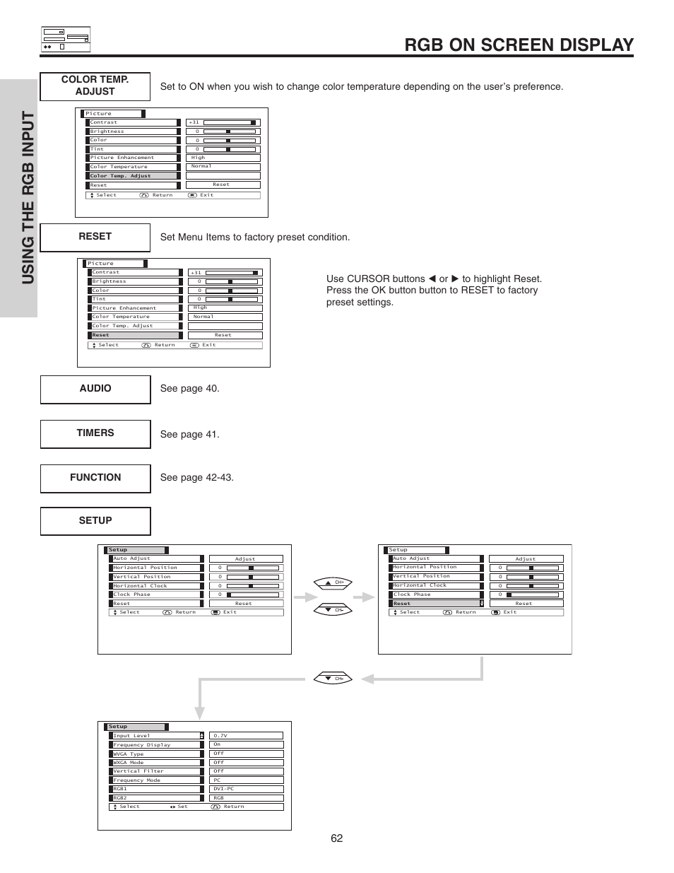 Rgb on screen display, Using the rgb input, Color temp. adjust | Setup audio timers function | Hitachi 42EDT41A User Manual | Page 62 / 84