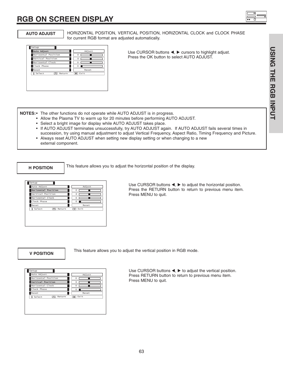Rgb on screen display, Using the rgb input | Hitachi 42EDT41A User Manual | Page 63 / 84