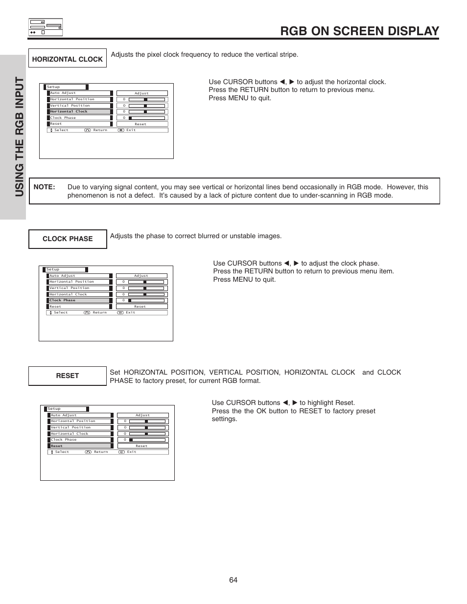 Rgb on screen display, Using the rgb input | Hitachi 42EDT41A User Manual | Page 64 / 84