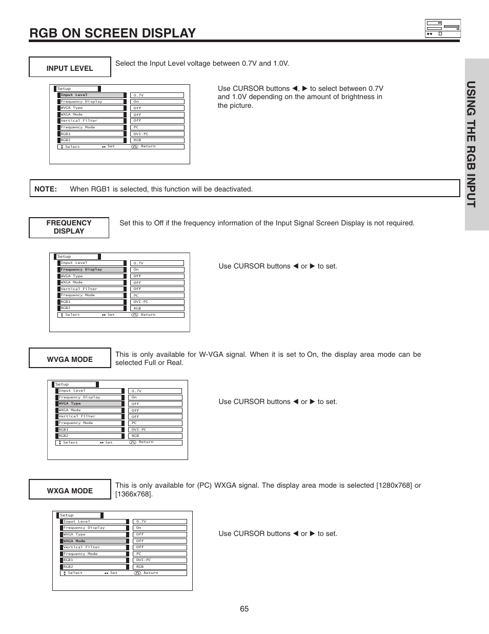 Rgb on screen display, Using the rgb input | Hitachi 42EDT41A User Manual | Page 65 / 84
