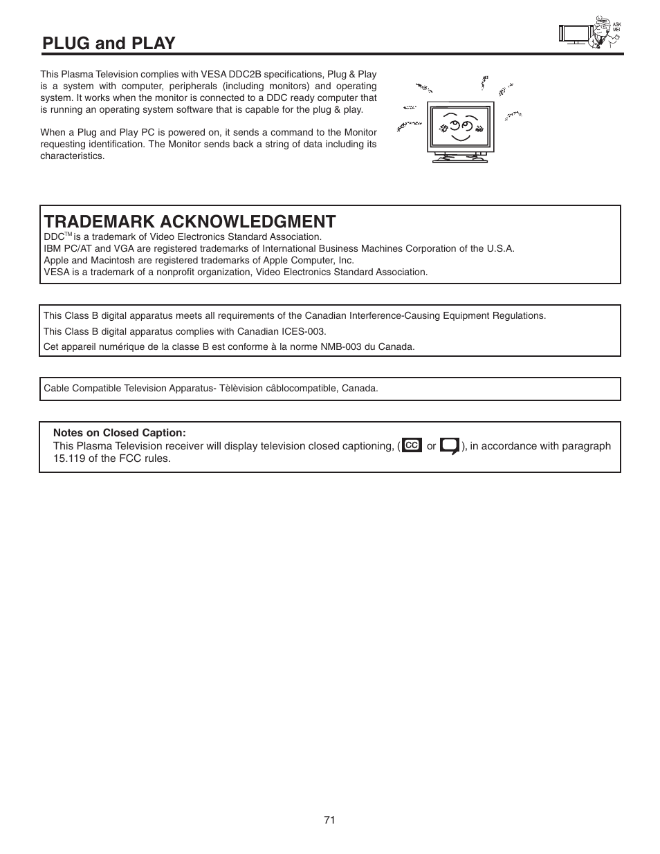 Plug and play, Trademark acknowledgment | Hitachi 42EDT41A User Manual | Page 71 / 84