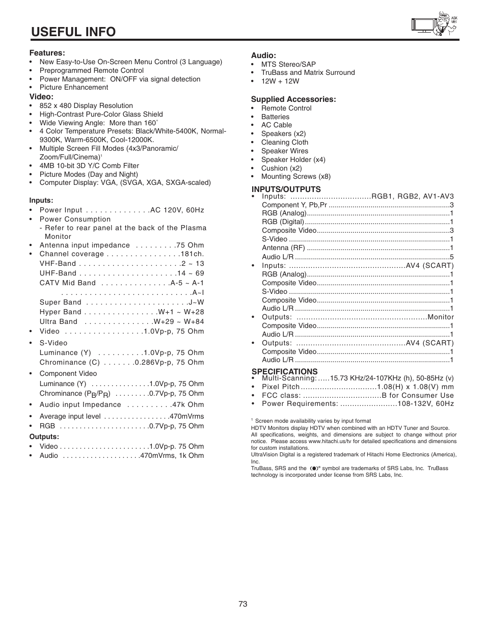 Useful info | Hitachi 42EDT41A User Manual | Page 73 / 84