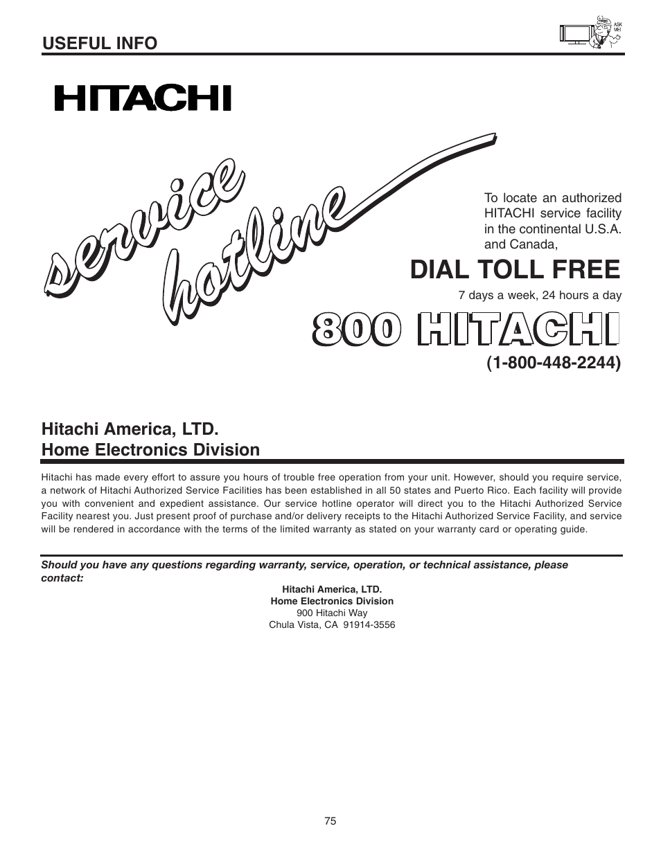 Dial toll free, Useful info, Hitachi america, ltd. home electronics division | Hitachi 42EDT41A User Manual | Page 75 / 84