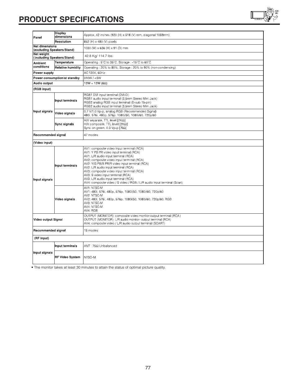 Product specifications | Hitachi 42EDT41A User Manual | Page 77 / 84