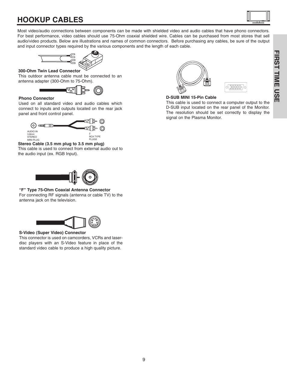 Hookup cables, First time use | Hitachi 42EDT41A User Manual | Page 9 / 84