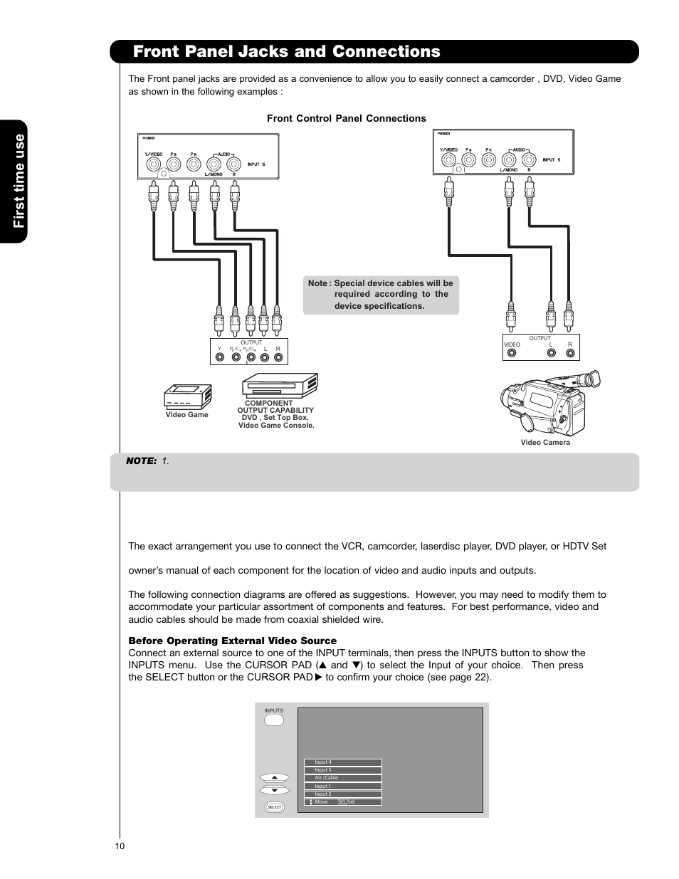 Jacks and connections front panel, First time use, Front control panel connections | Hitachi 50VS69A User Manual | Page 10 / 80