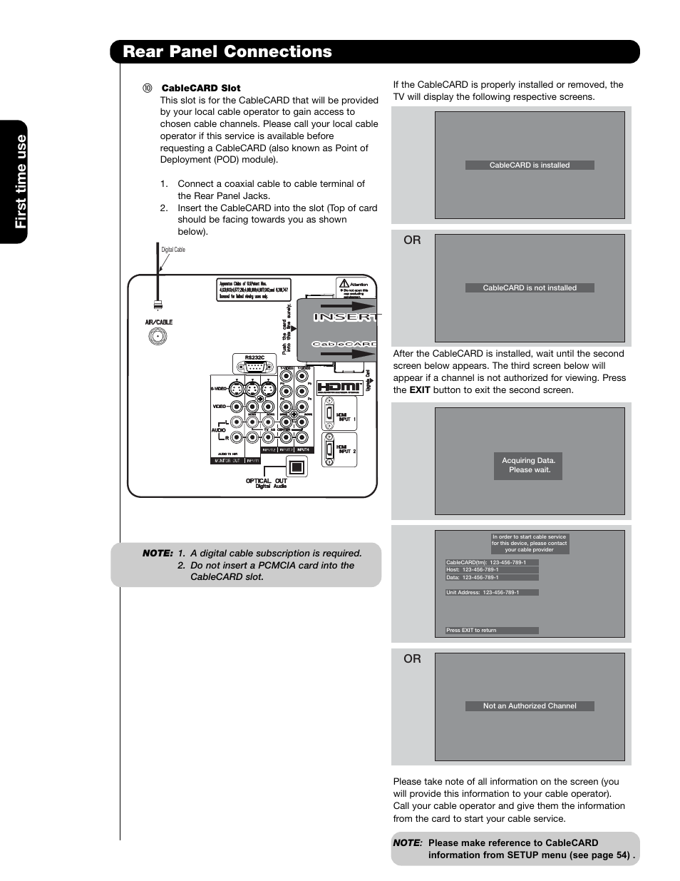 Rear panel connections, First time use | Hitachi 50VS69A User Manual | Page 12 / 80