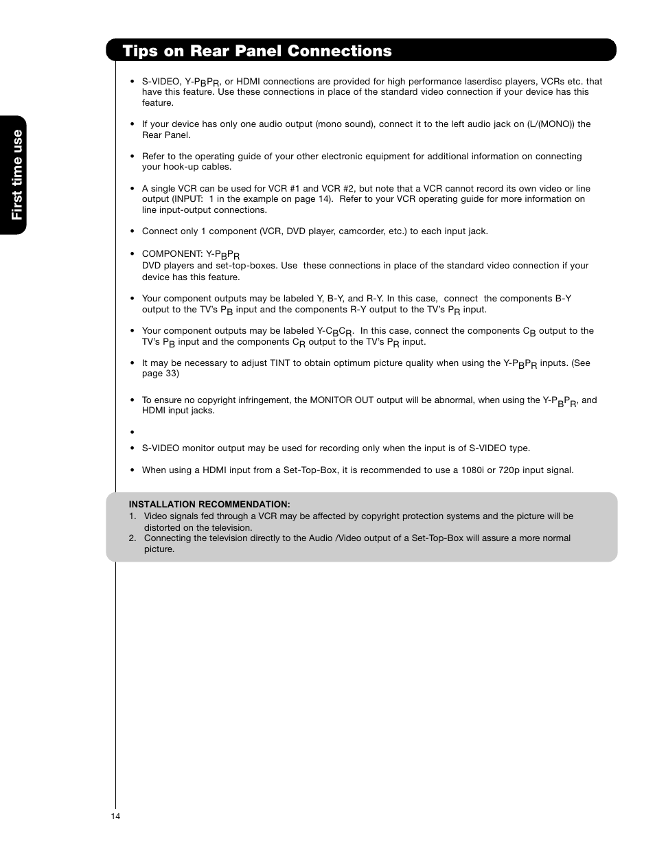 Tips on rear panel connections, First time use | Hitachi 50VS69A User Manual | Page 14 / 80