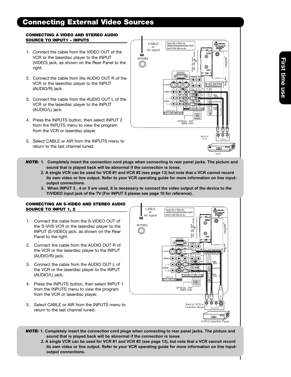 Connecting external video sources, First time use | Hitachi 50VS69A User Manual | Page 15 / 80