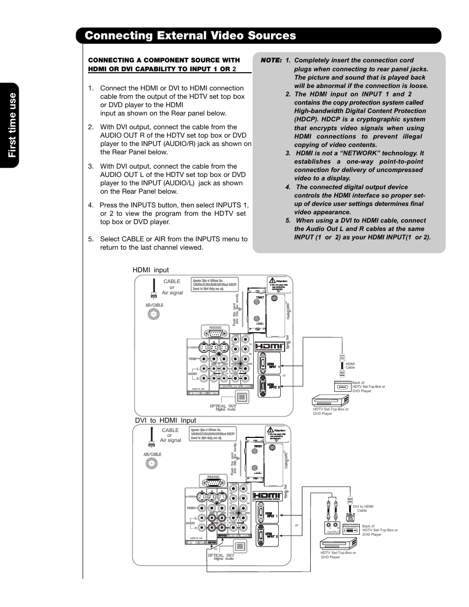 Connecting external video sources, First time use, Hdmi input dvi to hdmi input | Hitachi 50VS69A User Manual | Page 16 / 80