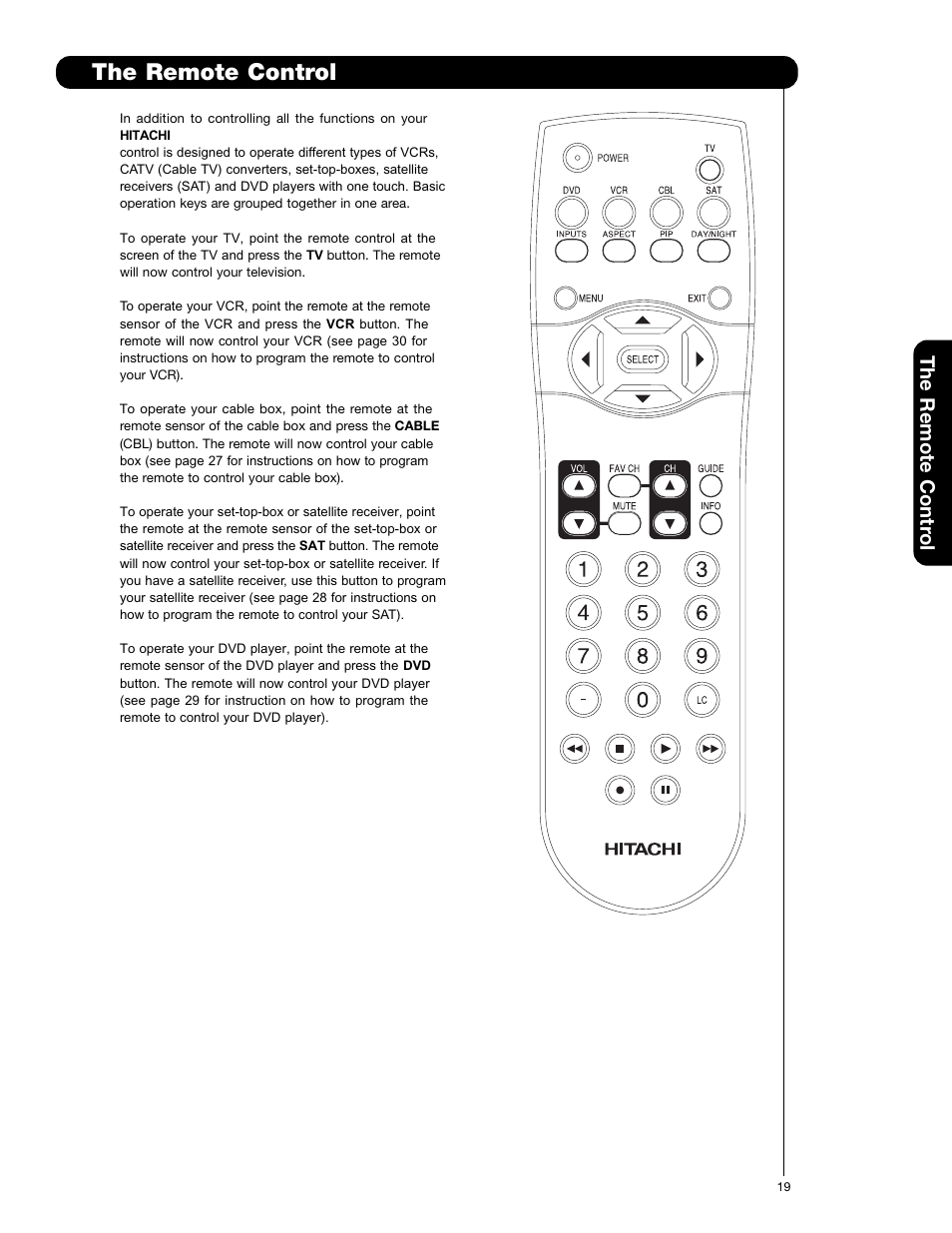 The remote control, The remote contr ol | Hitachi 50VS69A User Manual | Page 19 / 80