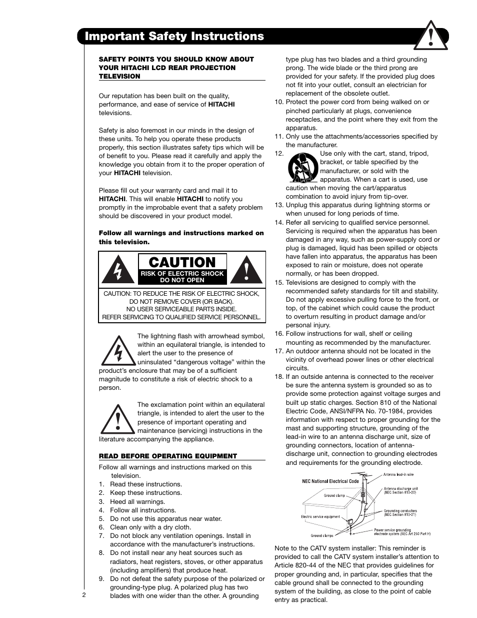 Caution, Important safety instructions | Hitachi 50VS69A User Manual | Page 2 / 80