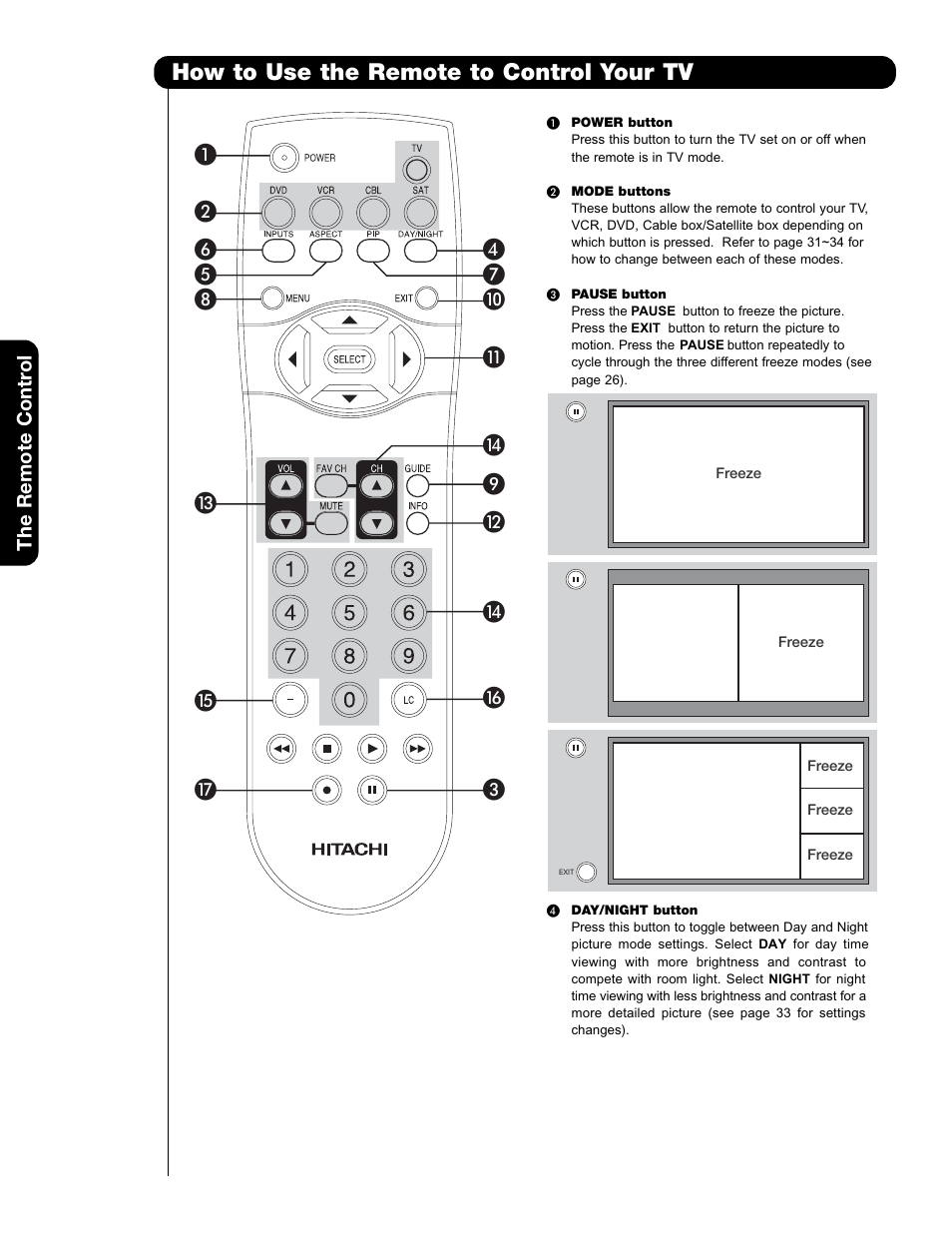 How to use the remote to control your tv | Hitachi 50VS69A User Manual | Page 20 / 80