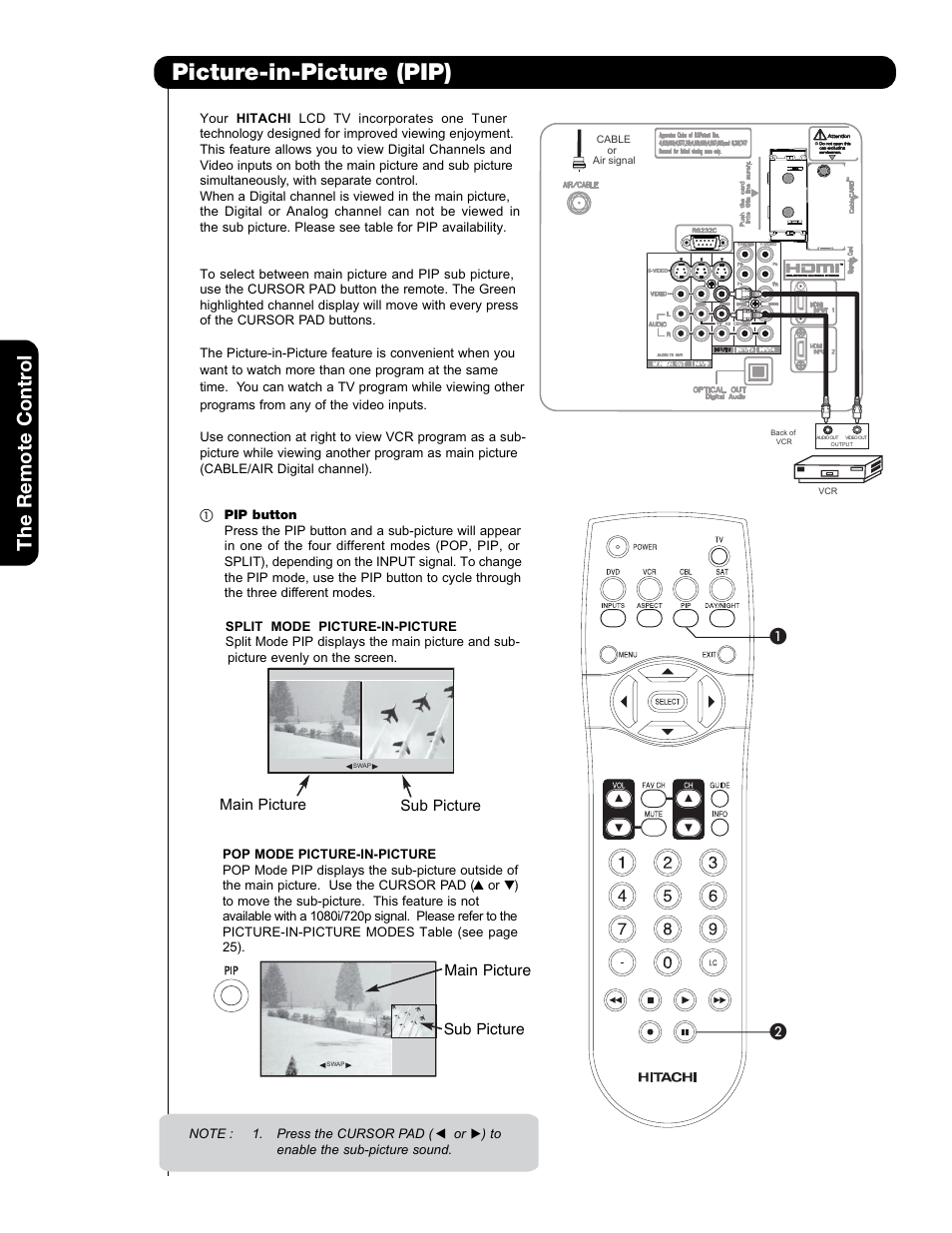 Picture-in-picture (pip), The remote contr ol | Hitachi 50VS69A User Manual | Page 24 / 80