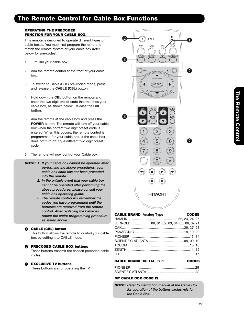 The remote control for cable box functions, The remote contr ol | Hitachi 50VS69A User Manual | Page 27 / 80