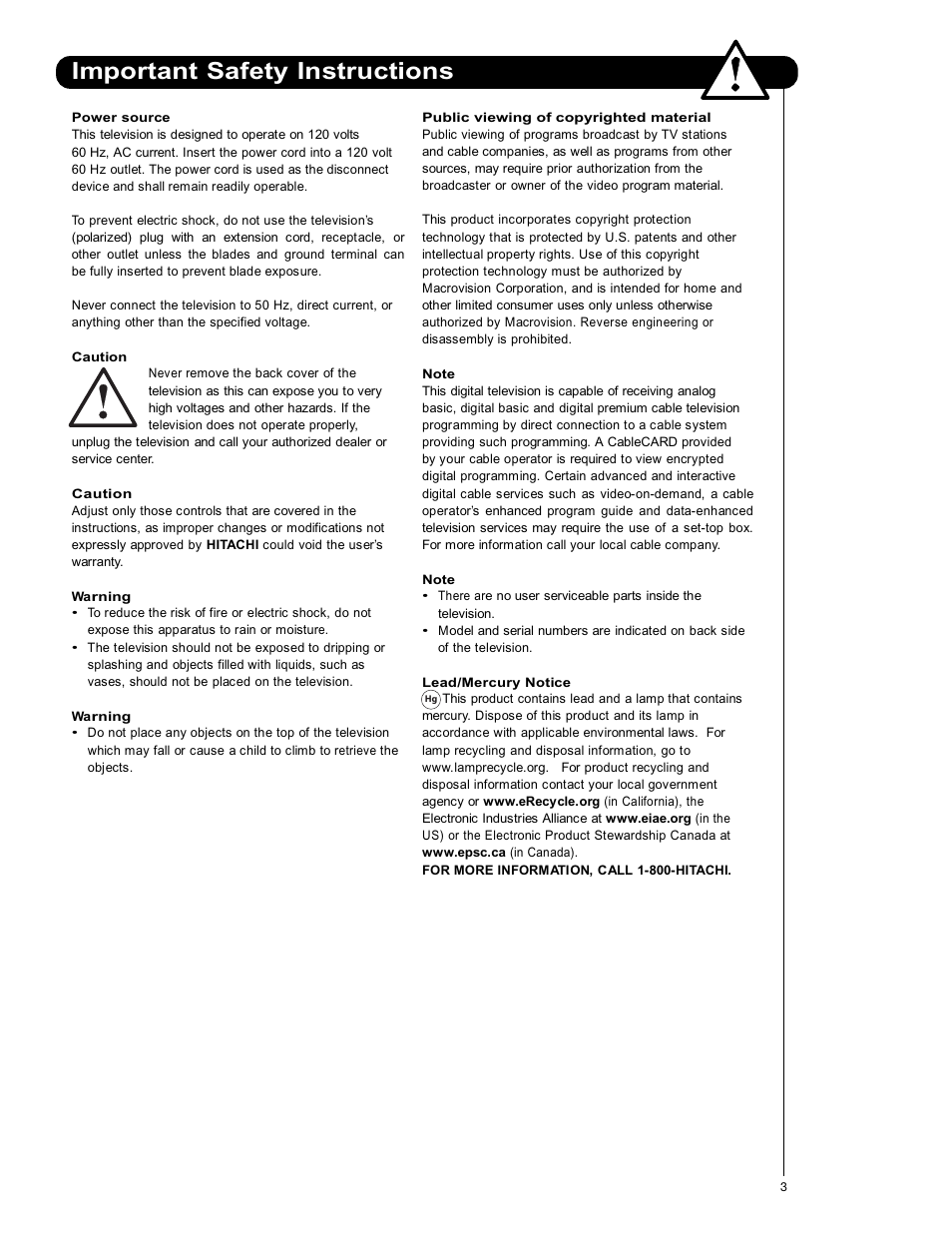 Important safety instructions | Hitachi 50VS69A User Manual | Page 3 / 80