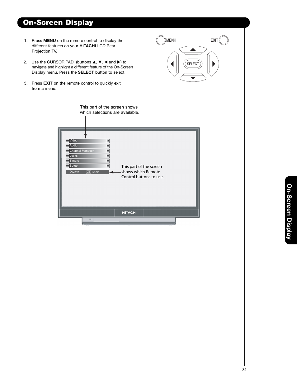 On-screen display, On-scr een display | Hitachi 50VS69A User Manual | Page 31 / 80