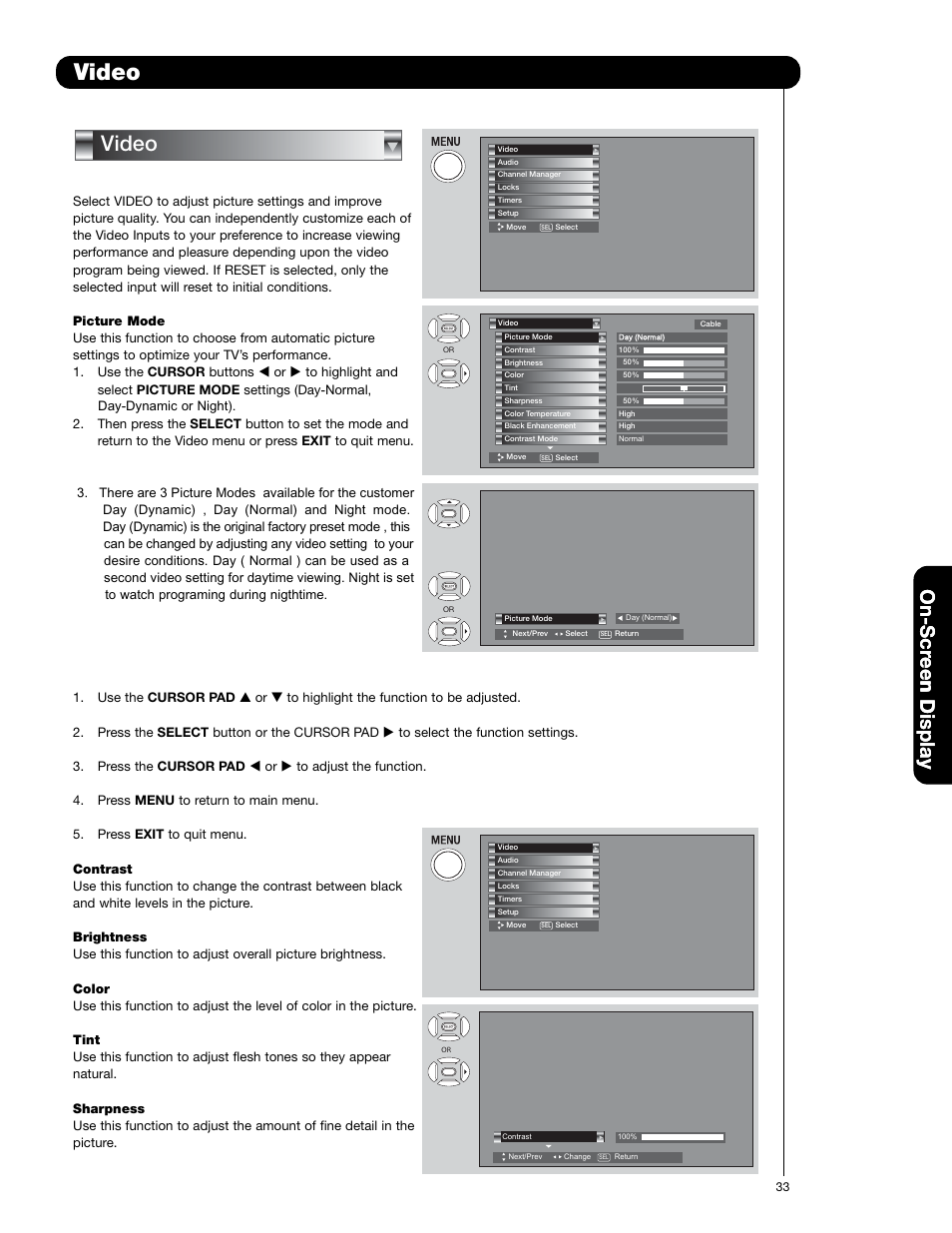 Video, On-scr een display | Hitachi 50VS69A User Manual | Page 33 / 80