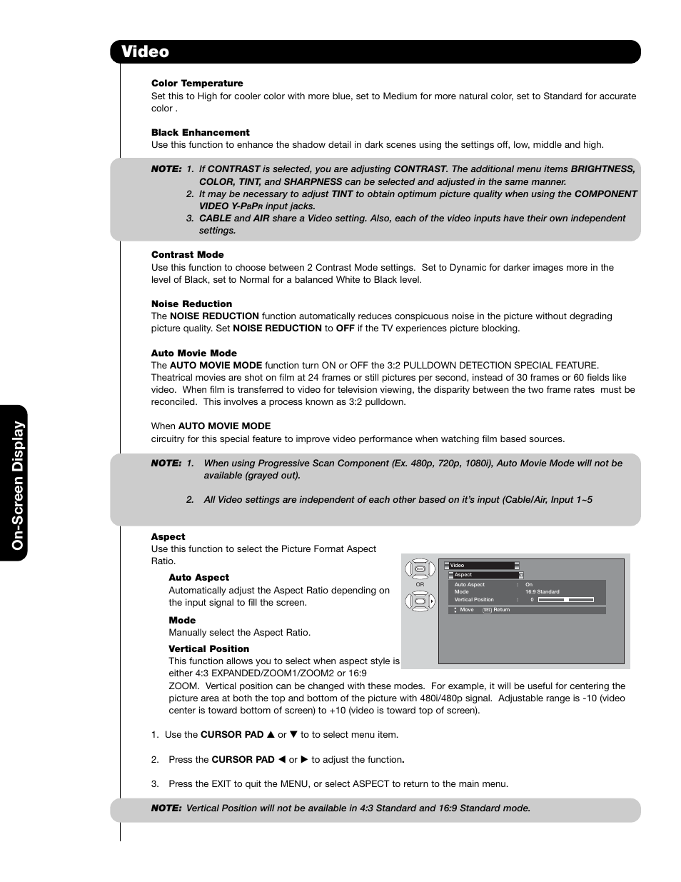 Video, On-scr een display | Hitachi 50VS69A User Manual | Page 34 / 80