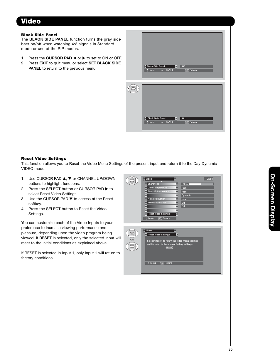 Video, On-scr een display | Hitachi 50VS69A User Manual | Page 35 / 80