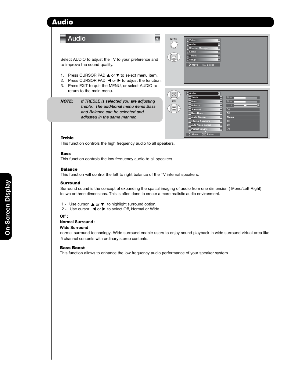 Audio, On-scr een display | Hitachi 50VS69A User Manual | Page 36 / 80