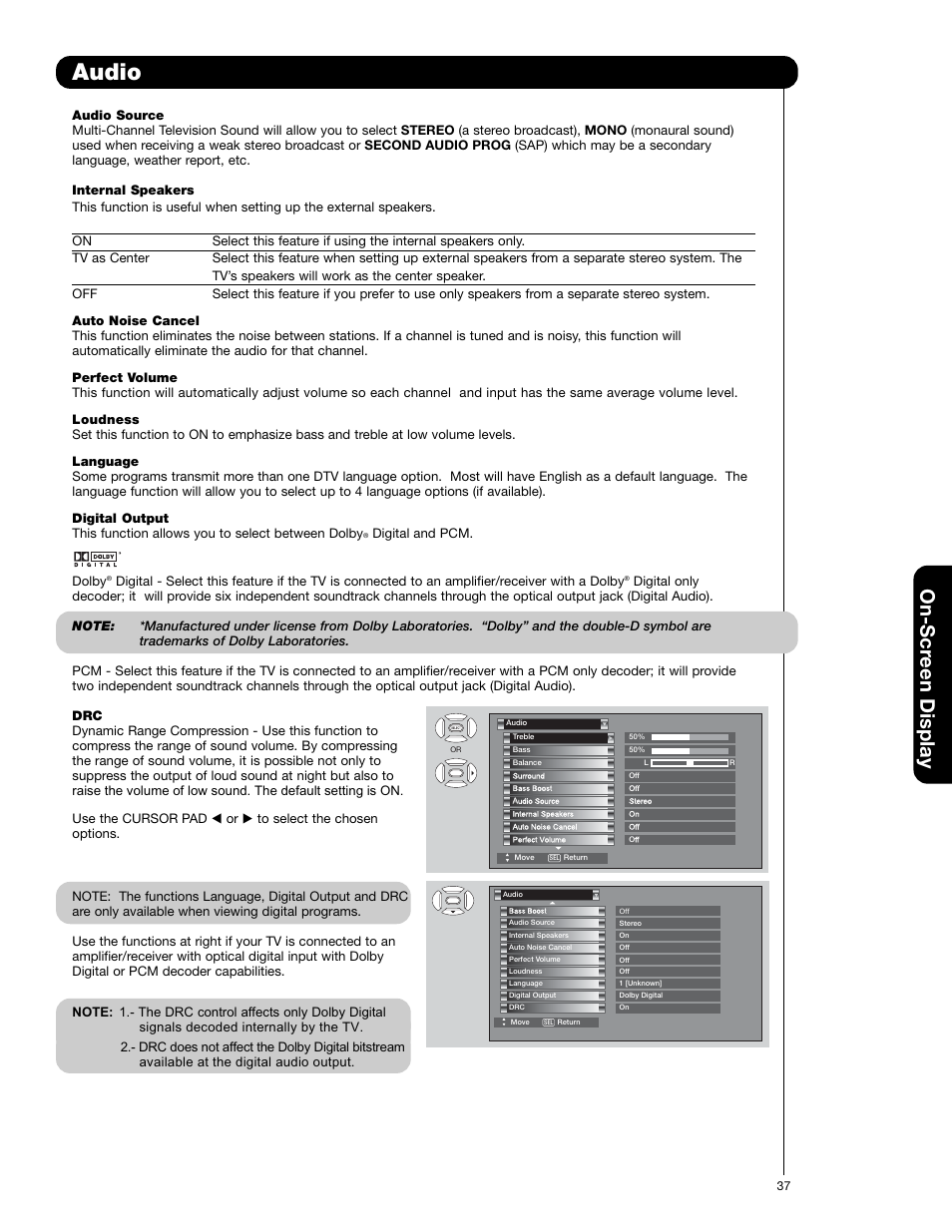 Audio, On-scr een display | Hitachi 50VS69A User Manual | Page 37 / 80