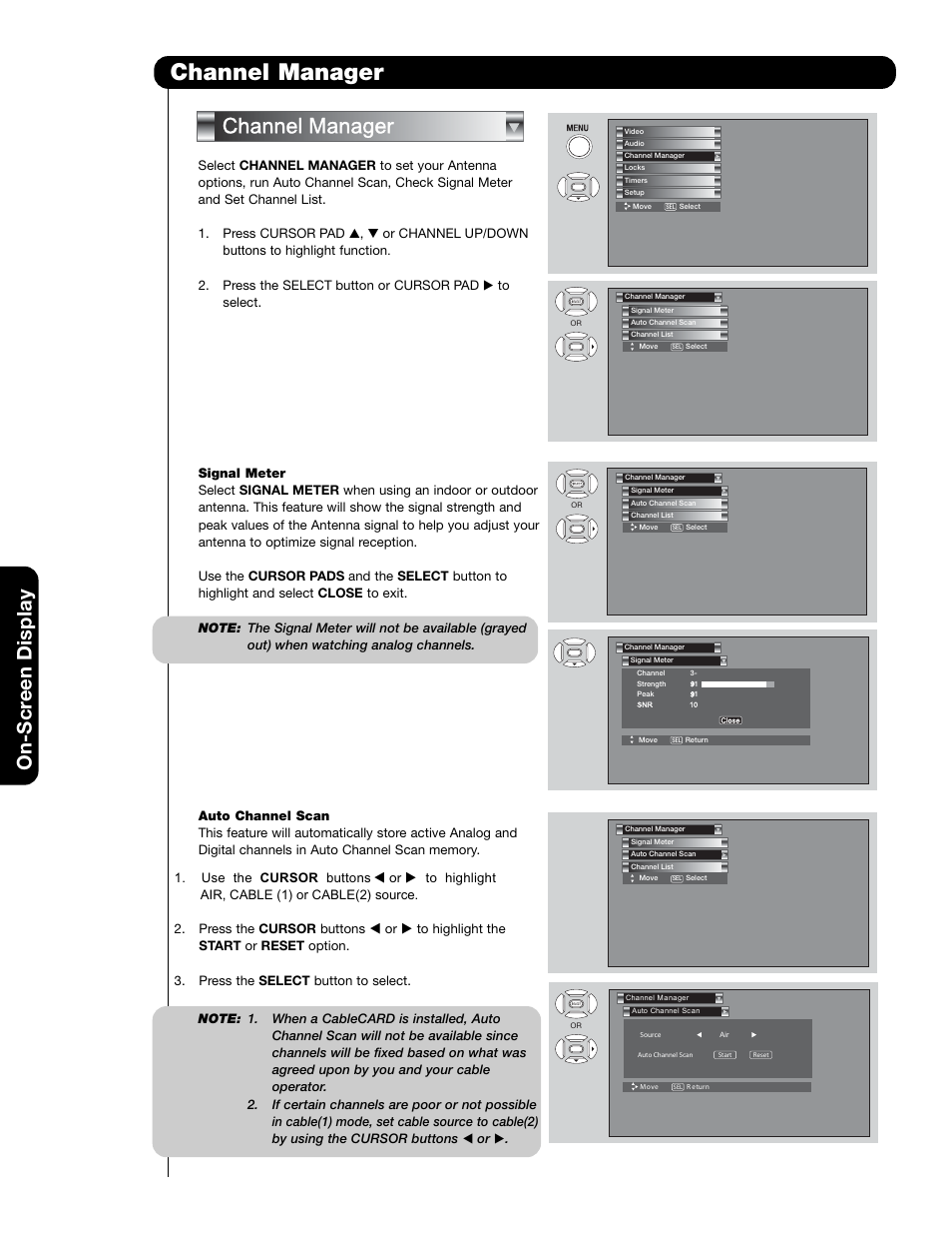 Channel manager, On-scr een display | Hitachi 50VS69A User Manual | Page 38 / 80