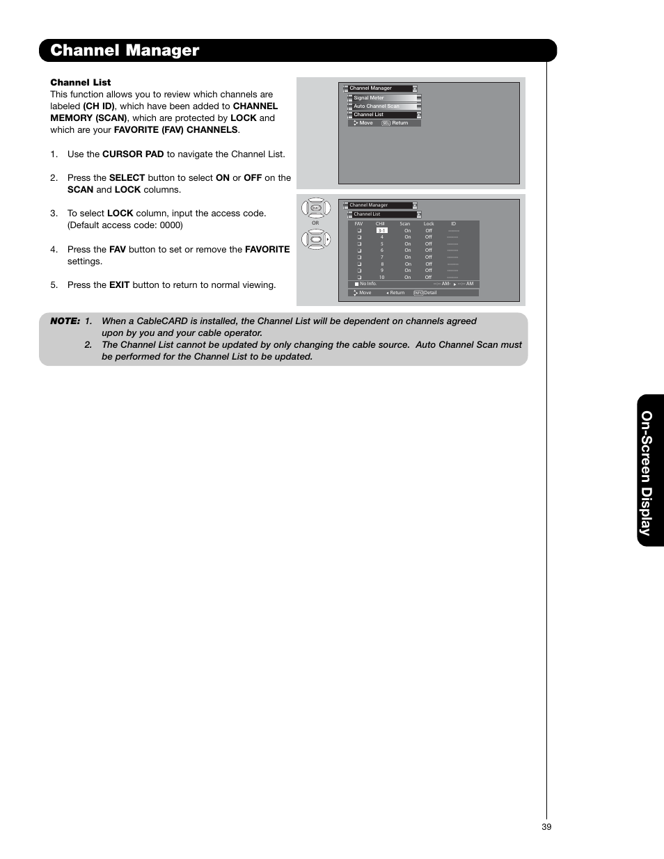 Channel manager, On-scr een display | Hitachi 50VS69A User Manual | Page 39 / 80