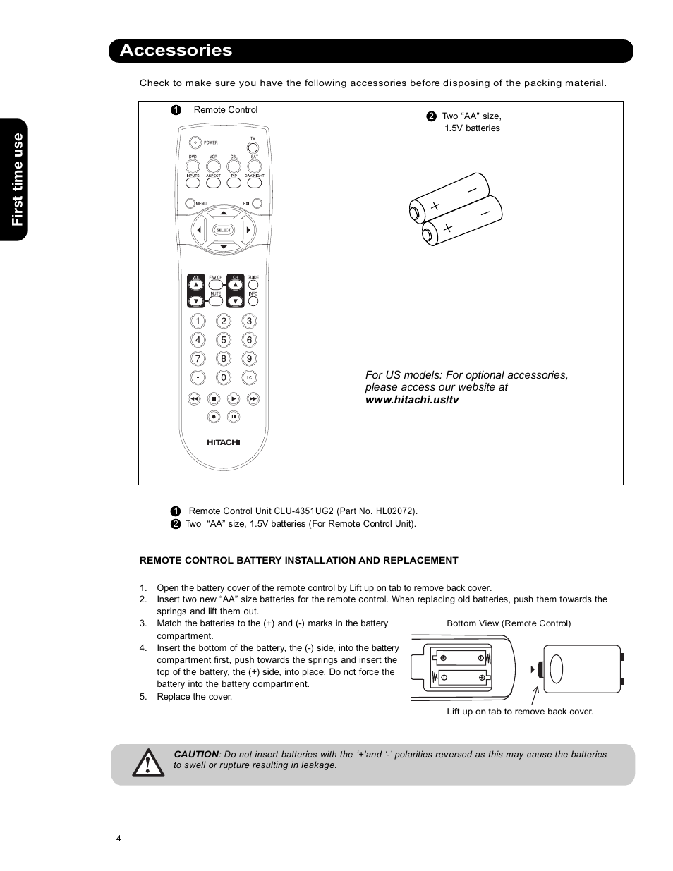 Accessories, First time use | Hitachi 50VS69A User Manual | Page 4 / 80