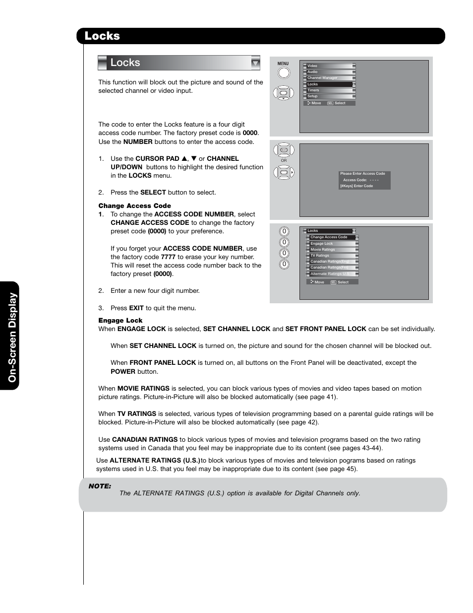 Locks, On-scr een display | Hitachi 50VS69A User Manual | Page 40 / 80