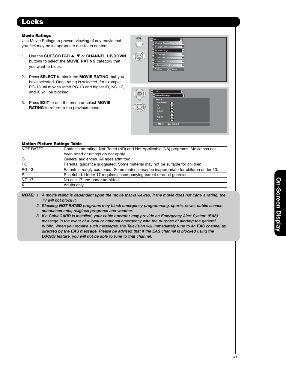 Locks, On-scr een display | Hitachi 50VS69A User Manual | Page 41 / 80